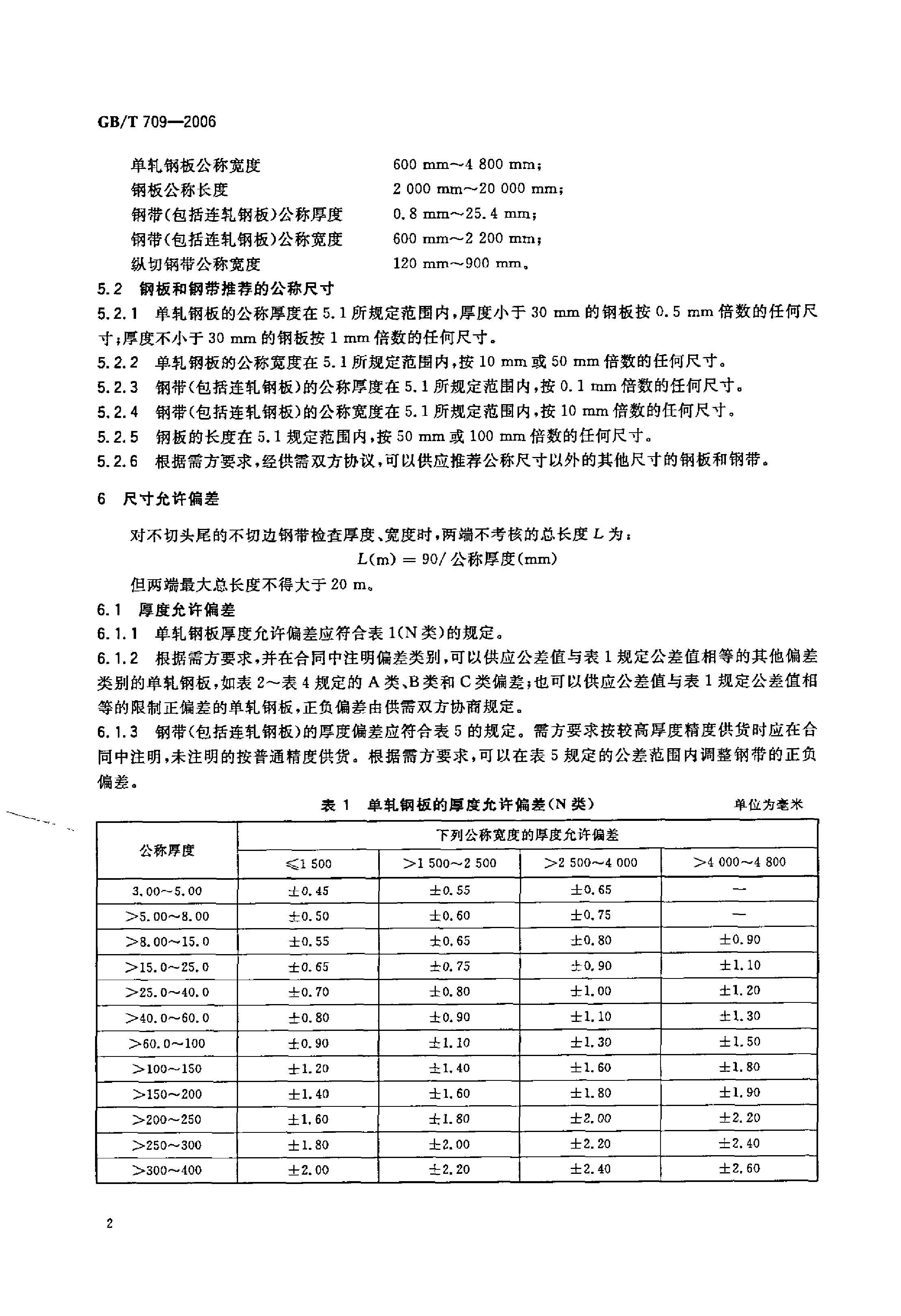 熱軋鋼板和鋼帶的尺寸、外形、重量及允許偏差 國標 GBT 709-2006 代替GBT 709-19880003